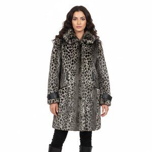 Grey Leopard Print Faux Fur Winter Coat